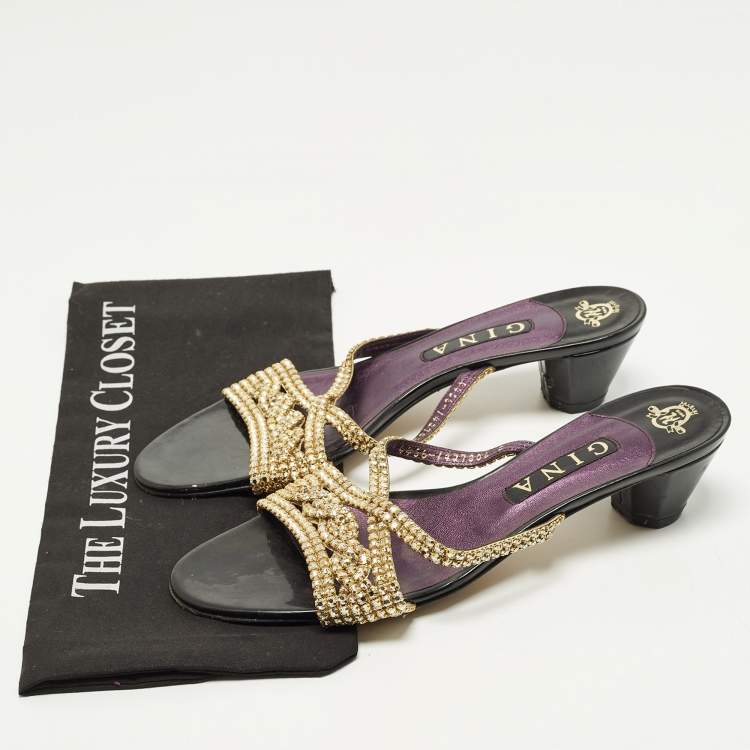 Pre Owned Gina Size 41 Gold Leather Crystal Embellished Slide Sandals