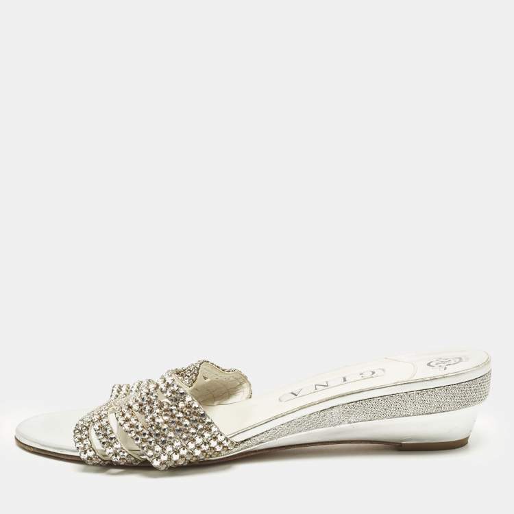 Pre Owned Gina Size 41 Silver Leather Crystal Embellished Wedge Sandals