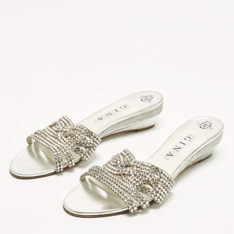 Pre Owned Gina Size 41 Silver Leather Crystal Embellished Wedge Sandals