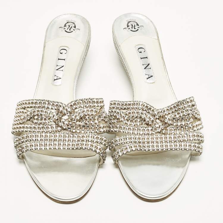 Pre Owned Gina Size 41 Silver Leather Crystal Embellished Wedge Sandals