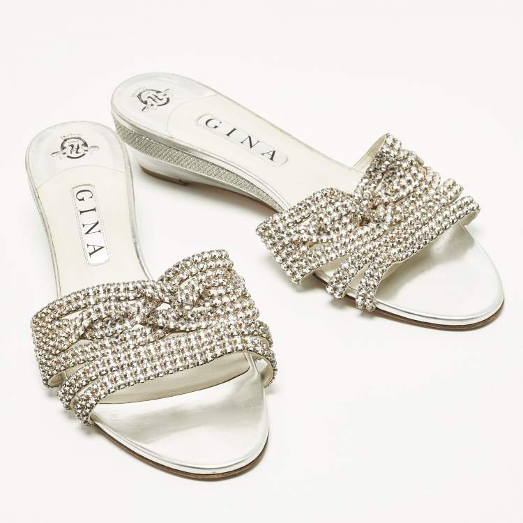 Pre Owned Gina Size 41 Silver Leather Crystal Embellished Wedge Sandals