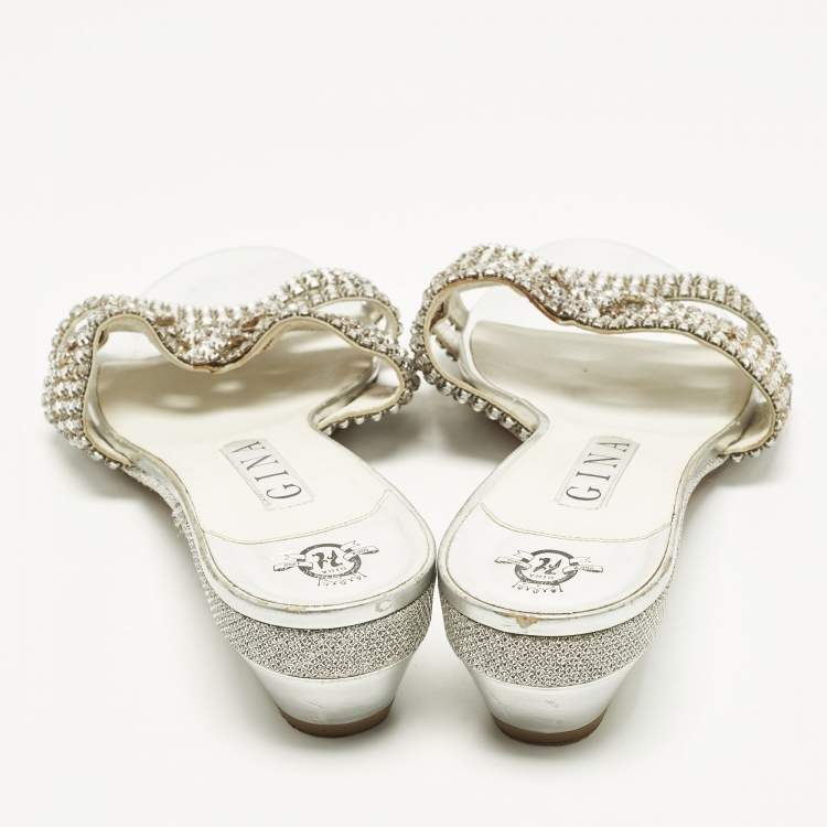 Pre Owned Gina Size 41 Silver Leather Crystal Embellished Wedge Sandals