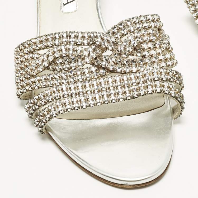 Pre Owned Gina Size 41 Silver Leather Crystal Embellished Wedge Sandals