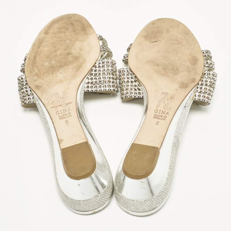 Pre Owned Gina Size 41 Silver Leather Crystal Embellished Wedge Sandals