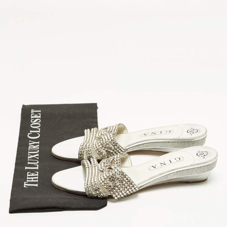 Pre Owned Gina Size 41 Silver Leather Crystal Embellished Wedge Sandals