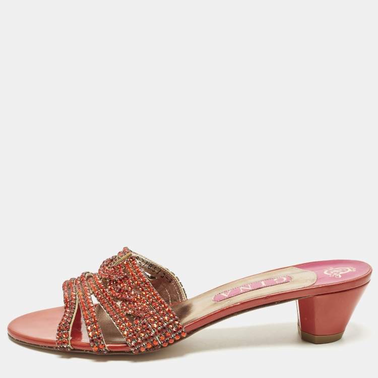 Pre Owned Gina Size 41 Two Tone Leather Crystal Embellished Slide Sandals