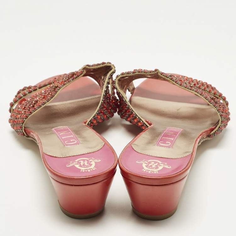 Pre Owned Gina Size 41 Two Tone Leather Crystal Embellished Slide Sandals