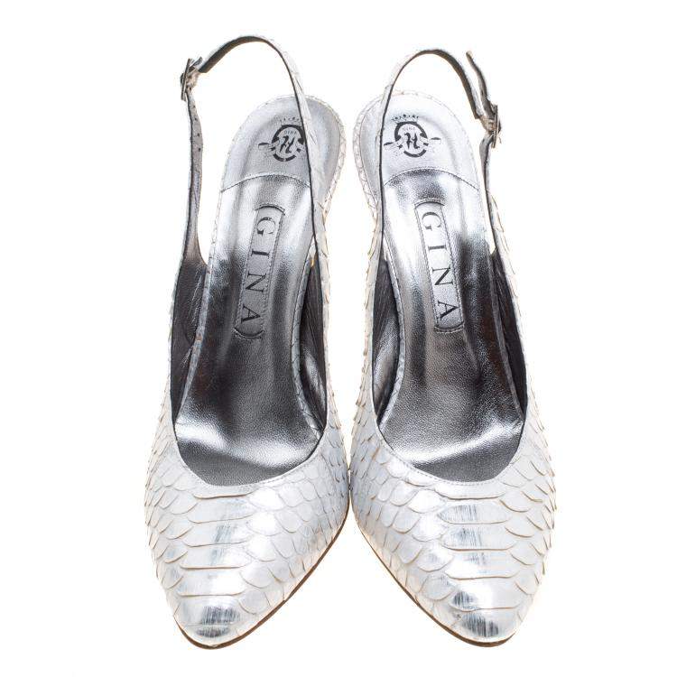 Pre Owned Gina Silver Chrome Python Slingback Sandals Size 40