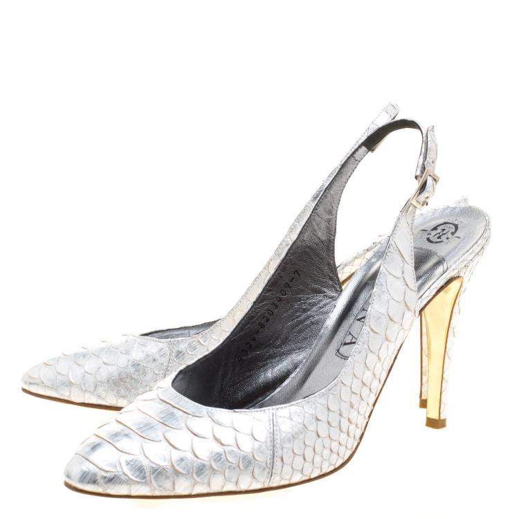 Pre Owned Gina Silver Chrome Python Slingback Sandals Size 40