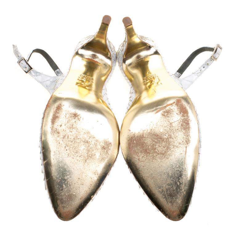 Pre Owned Gina Silver Chrome Python Slingback Sandals Size 40