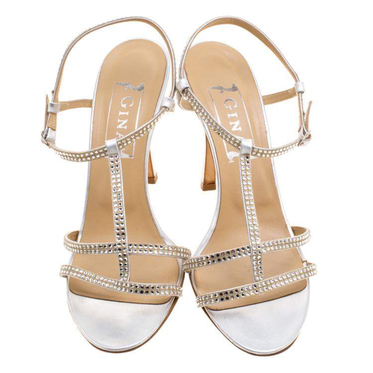 Pre Owned Gina Silver Crystal Embellished Slingback Sandals Size 40.5