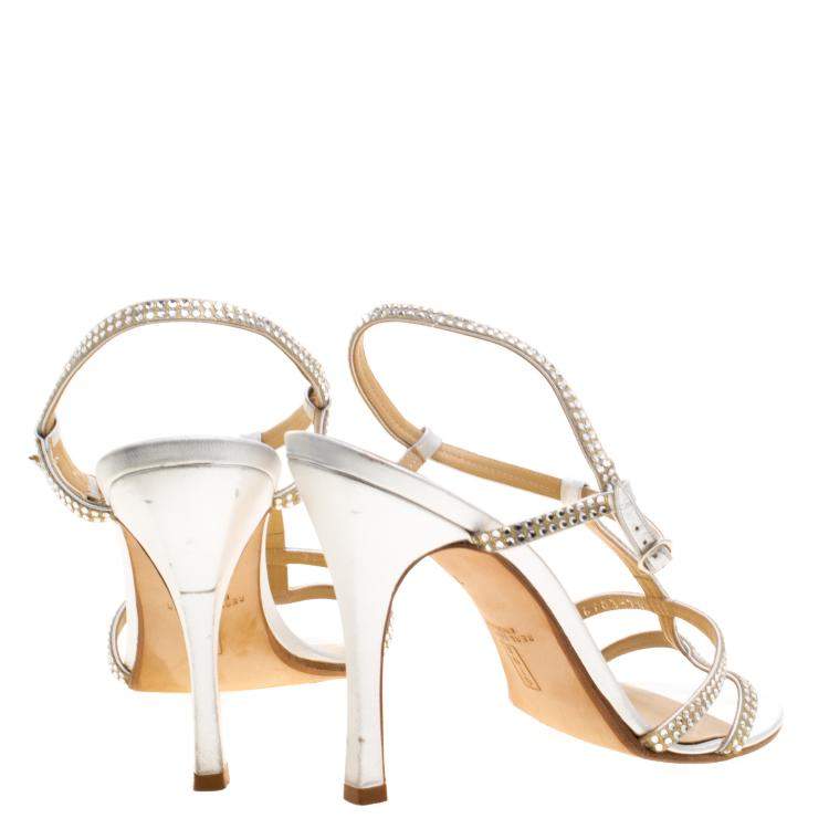 Pre Owned Gina Silver Crystal Embellished Slingback Sandals Size 40.5