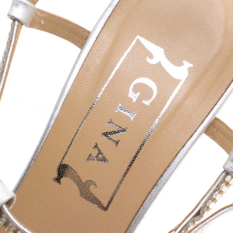 Pre Owned Gina Silver Crystal Embellished Slingback Sandals Size 40.5