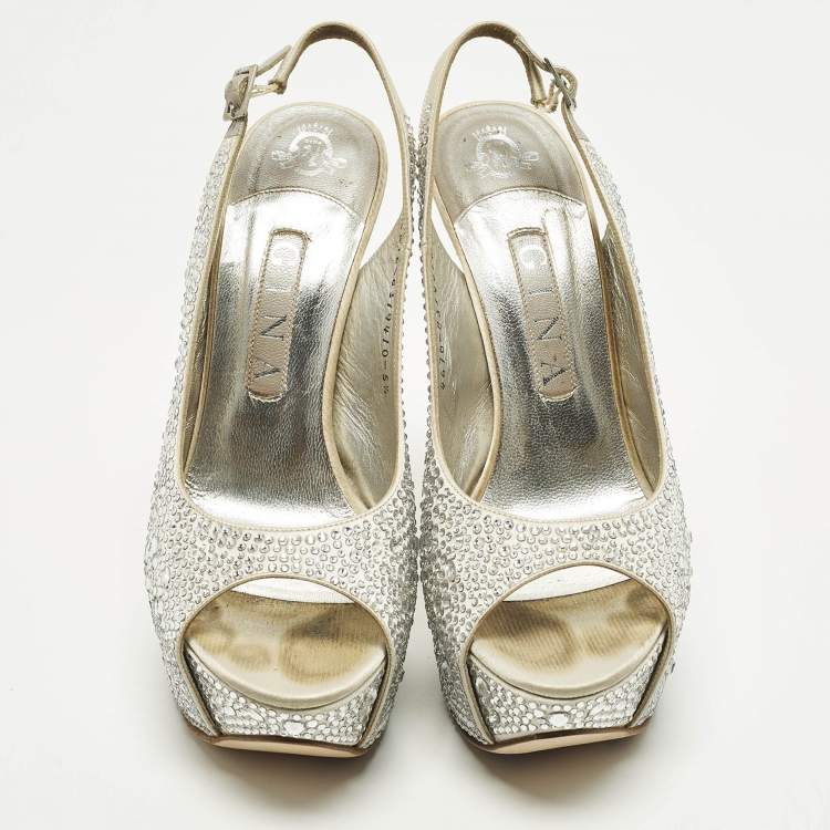Pre Owned Gina Size 38.5 Light Grey Satin Crystal Embellished Peep Toe Platform Slingback Sandals