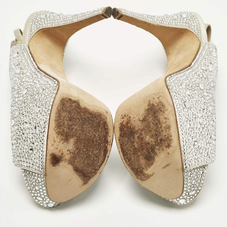 Pre Owned Gina Size 38.5 Light Grey Satin Crystal Embellished Peep Toe Platform Slingback Sandals