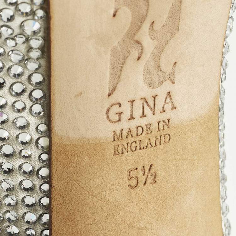 Pre Owned Gina Size 38.5 Light Grey Satin Crystal Embellished Peep Toe Platform Slingback Sandals