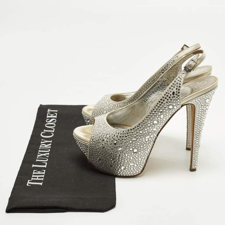 Pre Owned Gina Size 38.5 Light Grey Satin Crystal Embellished Peep Toe Platform Slingback Sandals