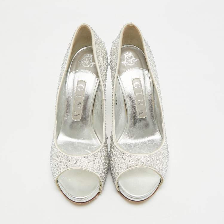 Pre Owned Gina Size 37.5 Grey Satin Crystal Embellished Platform Peep Toe Pumps