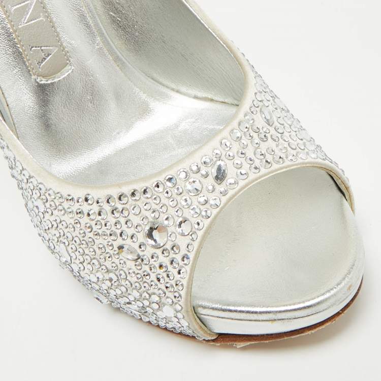 Pre Owned Gina Size 37.5 Grey Satin Crystal Embellished Platform Peep Toe Pumps
