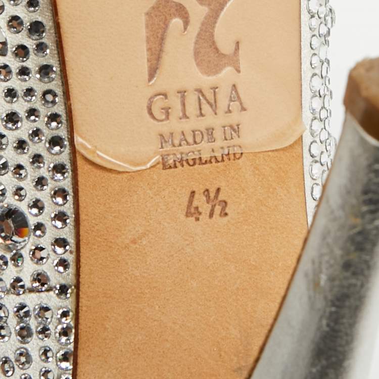 Pre Owned Gina Size 37.5 Grey Satin Crystal Embellished Platform Peep Toe Pumps