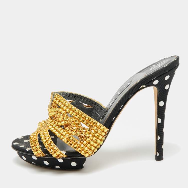 Pre Owned Gina Size 37 Black/Gold Leather And Canvas Crystal Embellished Slide Sandals