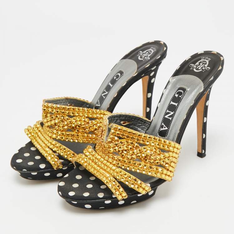 Pre Owned Gina Size 37 Black/Gold Leather And Canvas Crystal Embellished Slide Sandals