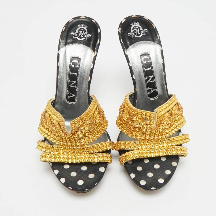 Pre Owned Gina Size 37 Black/Gold Leather And Canvas Crystal Embellished Slide Sandals