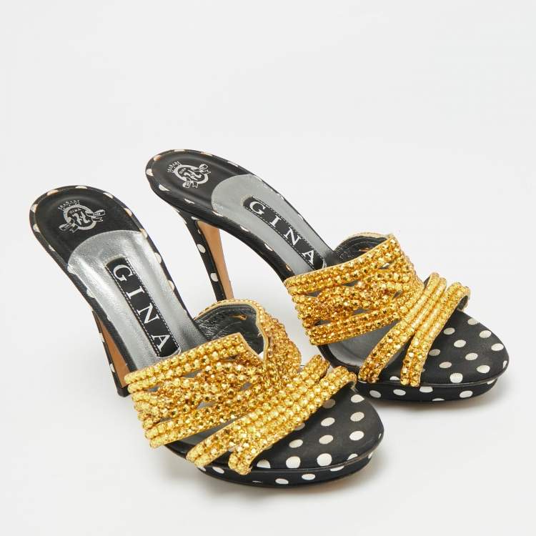 Pre Owned Gina Size 37 Black/Gold Leather And Canvas Crystal Embellished Slide Sandals