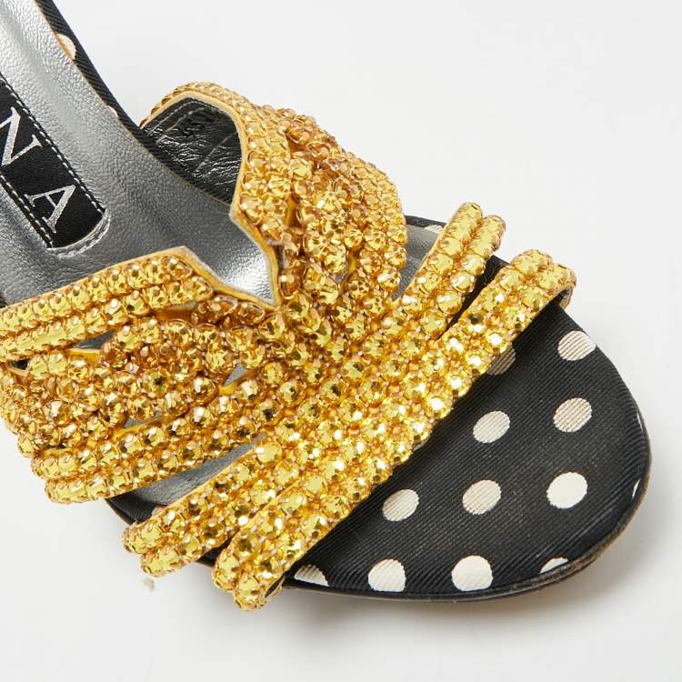 Pre Owned Gina Size 37 Black/Gold Leather And Canvas Crystal Embellished Slide Sandals