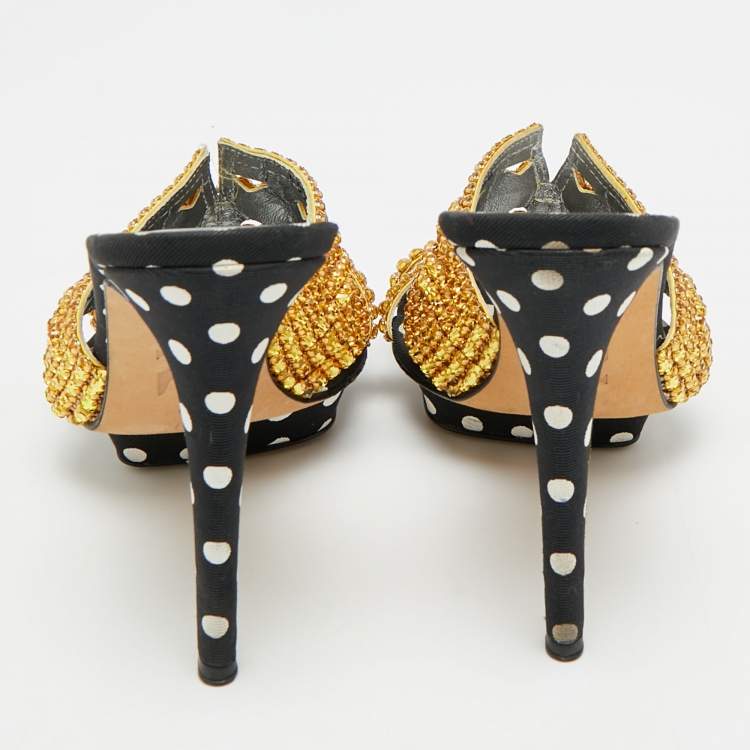 Pre Owned Gina Size 37 Black/Gold Leather And Canvas Crystal Embellished Slide Sandals