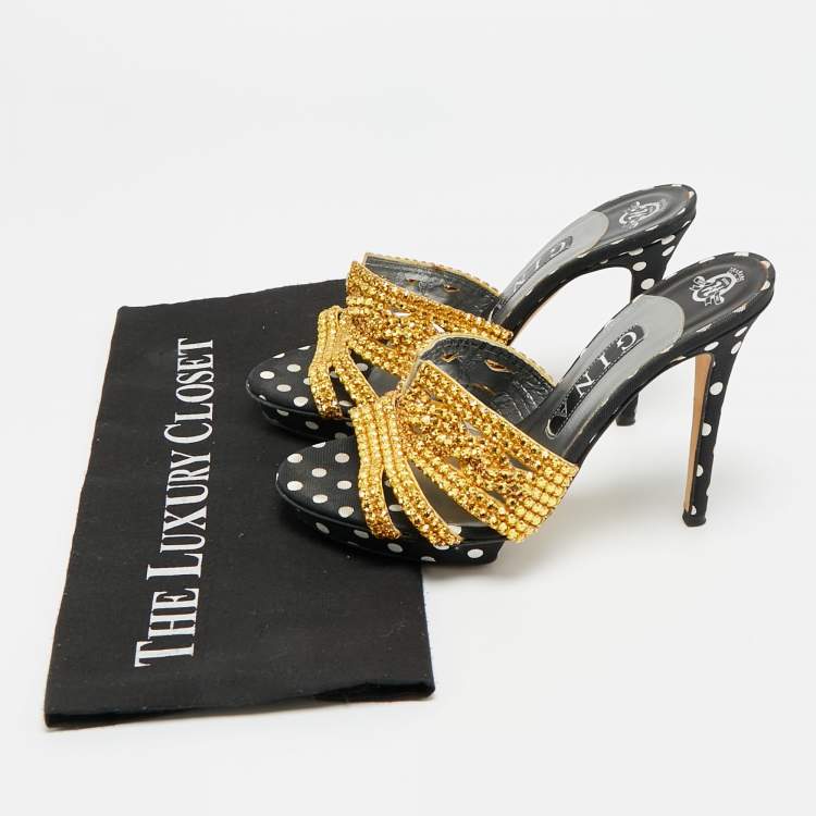 Pre Owned Gina Size 37 Black/Gold Leather And Canvas Crystal Embellished Slide Sandals