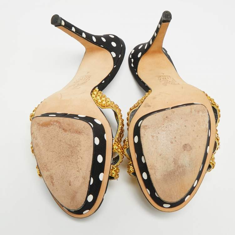 Pre Owned Gina Size 37 Black/Gold Leather And Canvas Crystal Embellished Slide Sandals