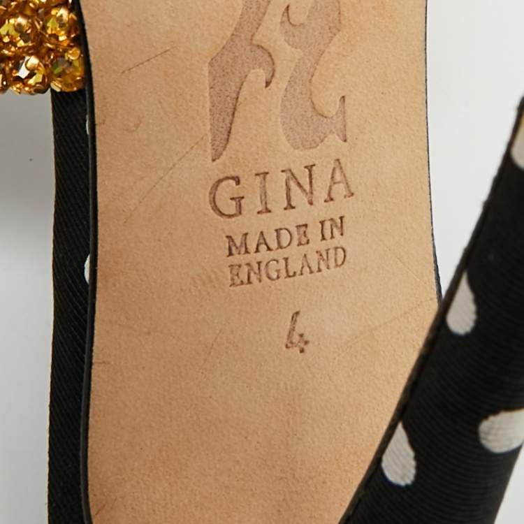 Pre Owned Gina Size 37 Black/Gold Leather And Canvas Crystal Embellished Slide Sandals