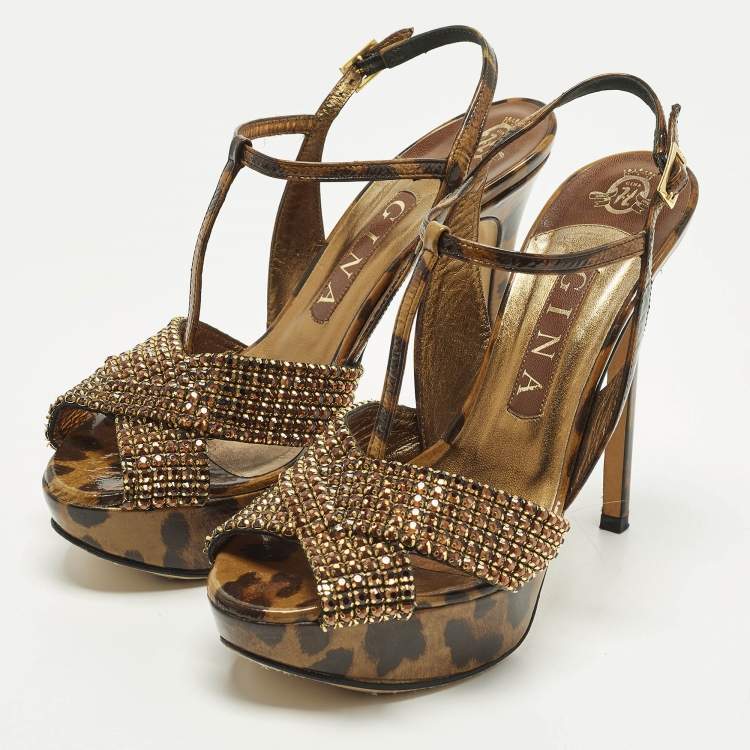 Pre Owned Gina Size 38 Brown Leather Leopard Print Ankle Strap Sandals