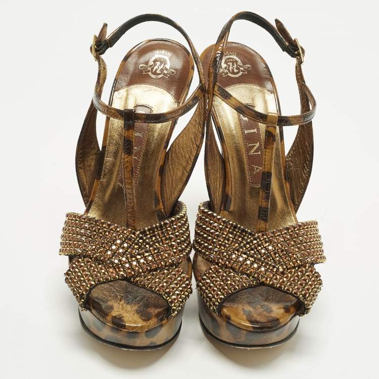 Pre Owned Gina Size 38 Brown Leather Leopard Print Ankle Strap Sandals