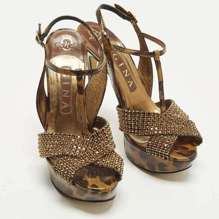 Pre Owned Gina Size 38 Brown Leather Leopard Print Ankle Strap Sandals