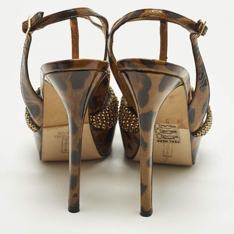 Pre Owned Gina Size 38 Brown Leather Leopard Print Ankle Strap Sandals