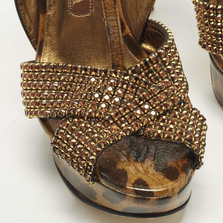 Pre Owned Gina Size 38 Brown Leather Leopard Print Ankle Strap Sandals