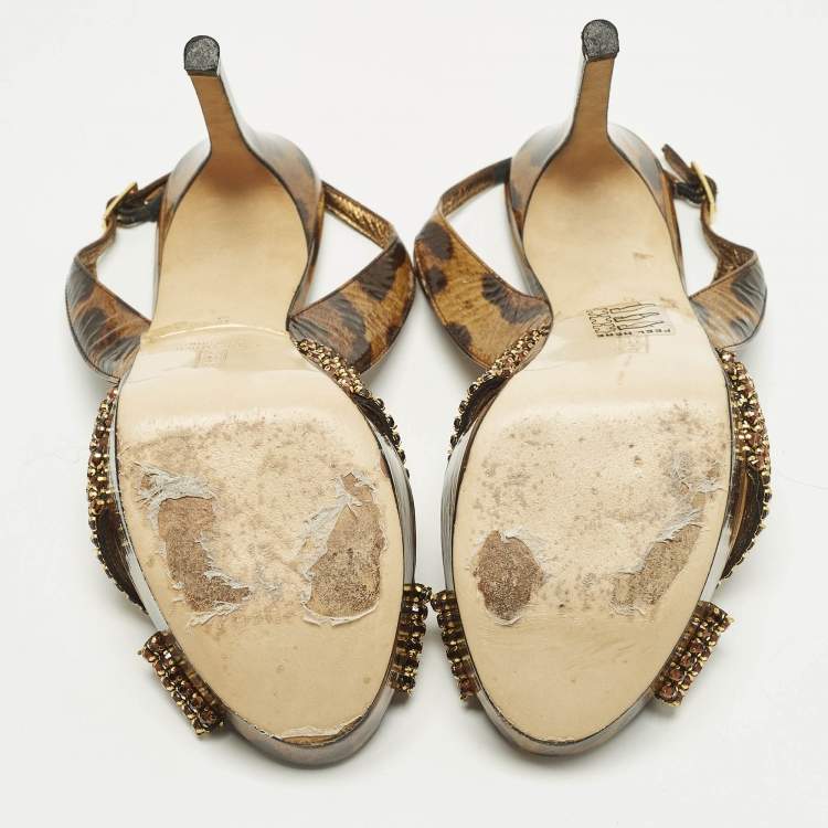 Pre Owned Gina Size 38 Brown Leather Leopard Print Ankle Strap Sandals