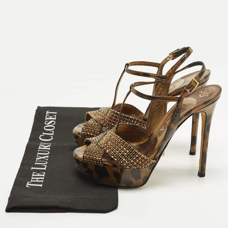 Pre Owned Gina Size 38 Brown Leather Leopard Print Ankle Strap Sandals