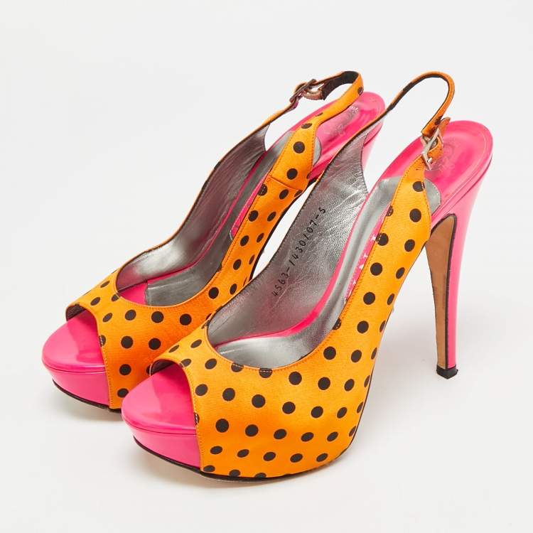 Pre Owned Gina Size 38 Gold/Black Polka Dot Satin Slingback Sandals