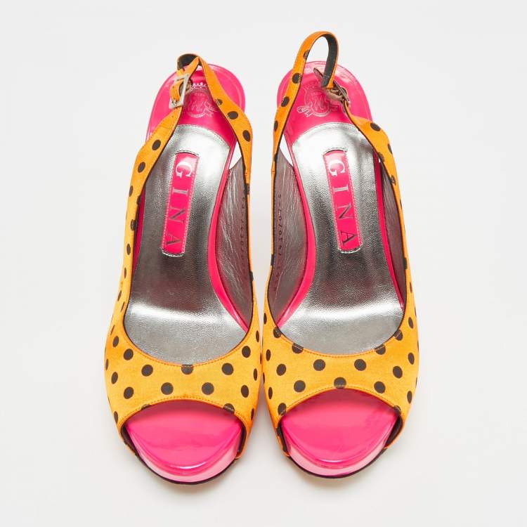 Pre Owned Gina Size 38 Gold/Black Polka Dot Satin Slingback Sandals