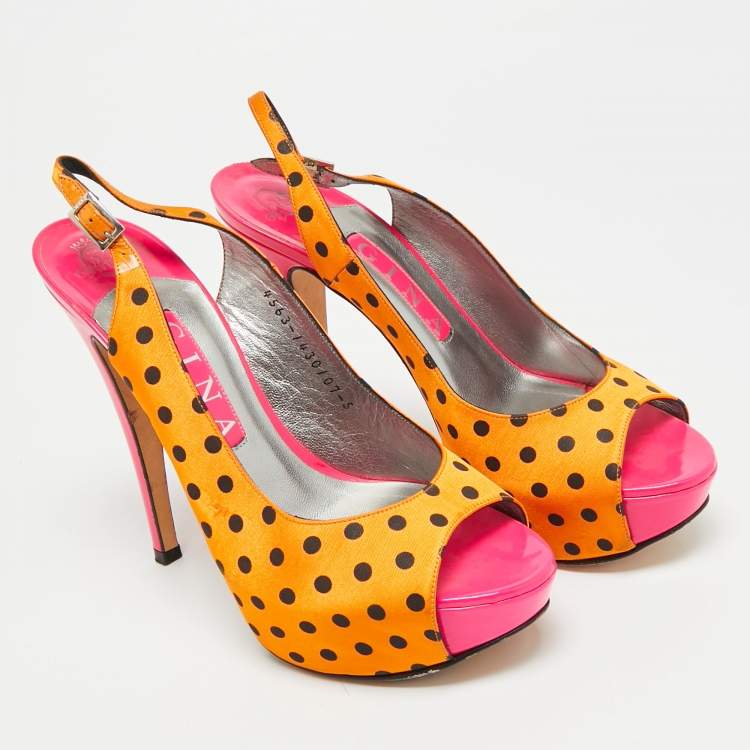 Pre Owned Gina Size 38 Gold/Black Polka Dot Satin Slingback Sandals