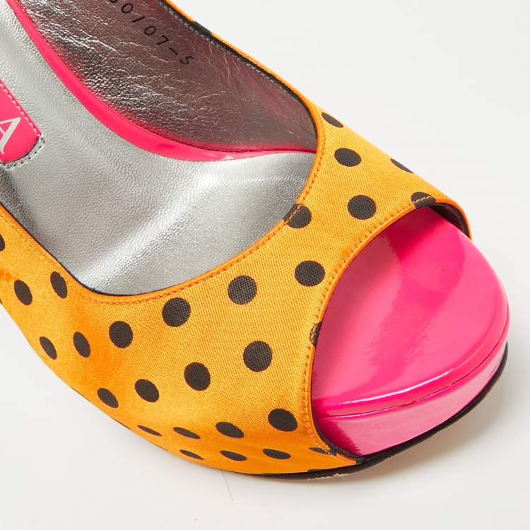 Pre Owned Gina Size 38 Gold/Black Polka Dot Satin Slingback Sandals