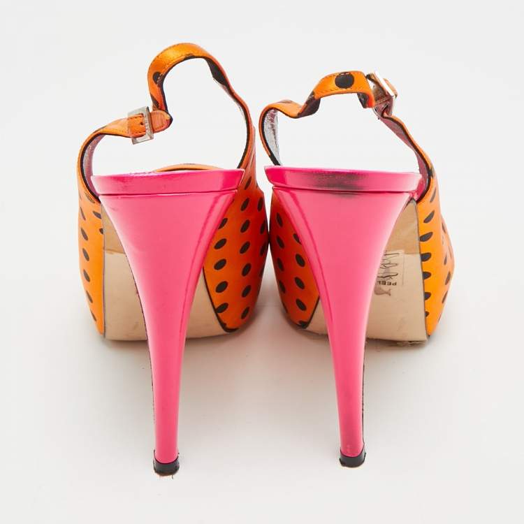 Pre Owned Gina Size 38 Gold/Black Polka Dot Satin Slingback Sandals