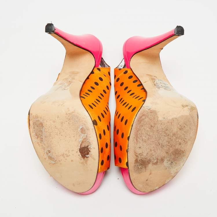 Pre Owned Gina Size 38 Gold/Black Polka Dot Satin Slingback Sandals