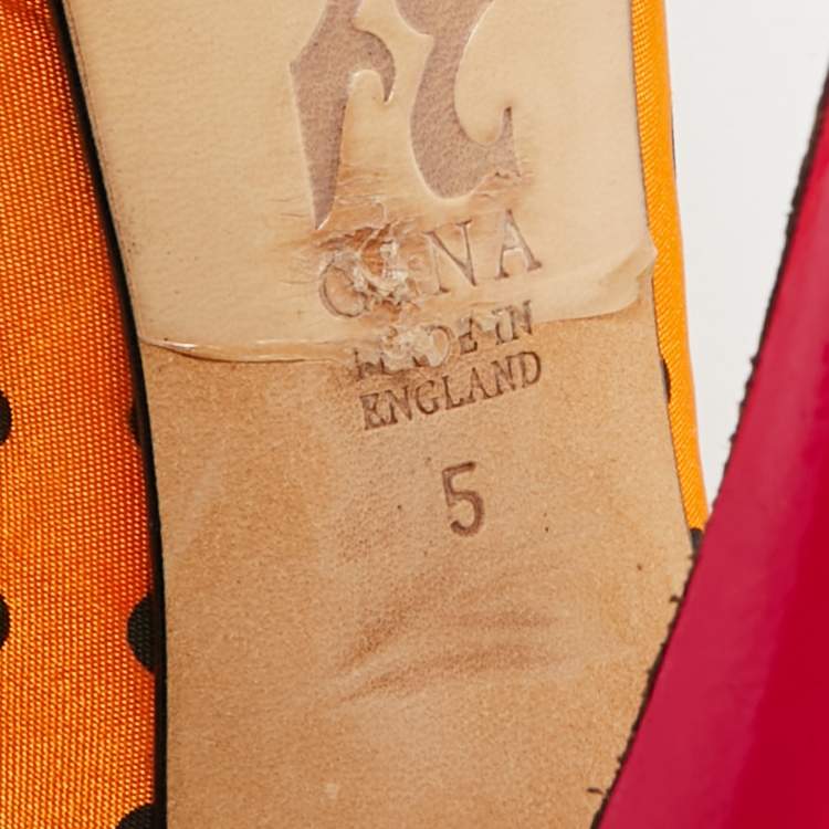 Pre Owned Gina Size 38 Gold/Black Polka Dot Satin Slingback Sandals