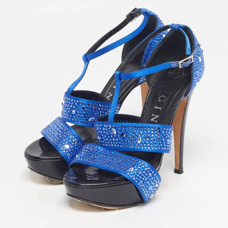 Pre Owned Gina Alicia Cobalt Size 37 Blue/Black Satin Platform Sandals