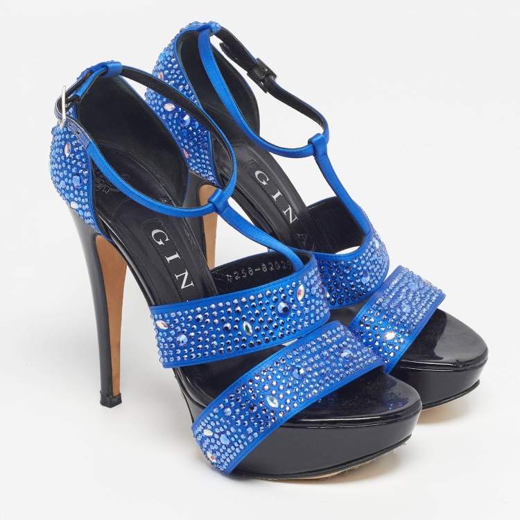 Pre Owned Gina Alicia Cobalt Size 37 Blue/Black Satin Platform Sandals