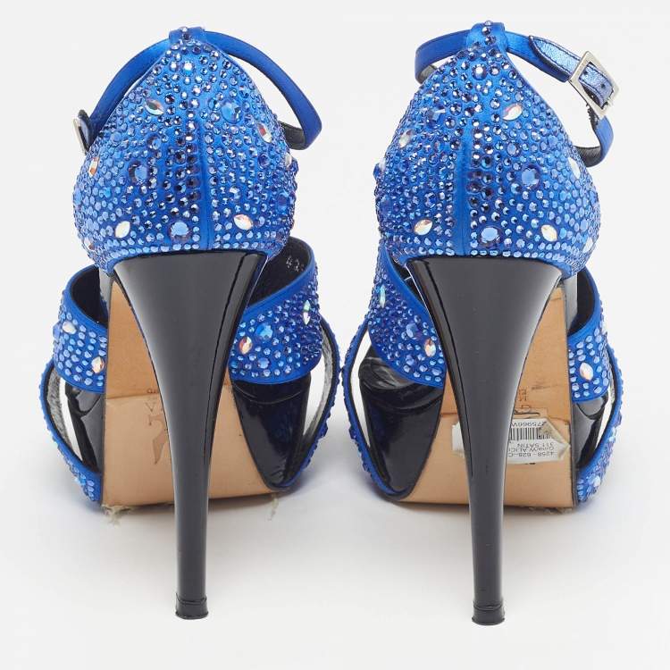 Pre Owned Gina Alicia Cobalt Size 37 Blue/Black Satin Platform Sandals